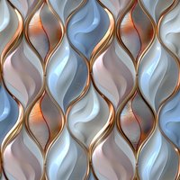 Luxurious wavy pattern with metallic gold trim on soft blue and peach background creates elegant seamless repeat for upscale interior design and textile projects.