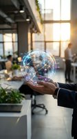 Businessman hands holding holographic digital brain with network connections in modern office environment representing artificial intelligence and innovation.
