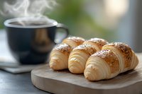 Fresh baked croissants with sesame seeds on wooden cutting board and steaming hot coffee cup in dark matte mug against blurred background.