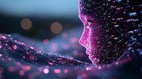 Glowing pink digital profile made of particles and light effects against dark background with bokeh lights, representing artificial intelligence and technology.