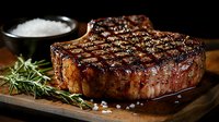 Juicy grilled beef steak with grill marks on wooden board, served with sea salt and fresh rosemary. Perfect for food photography and menu design.