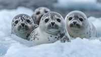 Spotted harbor seal pups peek out from snowy ice, showing curious expressions with their dark eyes and spotted coats. Arctic wildlife scene captures three young seals in natural habitat.
