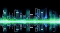 Futuristic city skyline silhouette with neon green and blue glow reflecting on water surface, modern urban landscape with skyscrapers and digital wave effect.