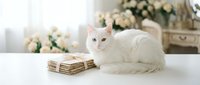 White fluffy cat sitting next to vintage books in elegant interior with roses. Cozy home decor scene for lifestyle and pet photography projects.