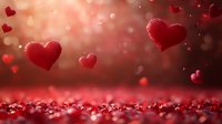 Red hearts floating over sparkling glitter surface with warm bokeh lights creating romantic Valentine's Day atmosphere for love celebration designs.