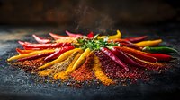 Fresh red and yellow chili peppers arranged in circular pattern with colorful spice powders on dark textured background, dramatic food photography for culinary design.