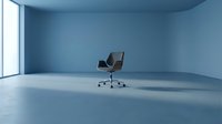 Modern office chair in empty minimalist room with blue walls and polished concrete floor, suitable for corporate, interior design, and workspace concepts.