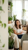 Young woman writing in notebook while relaxing on cozy sofa surrounded by green houseplants in bright modern living room with natural light.