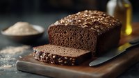 Freshly baked dark chocolate bread loaf with seeds on wooden cutting board, sliced to show moist texture for food photography.