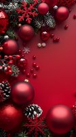 Red Christmas ornaments, baubles, and frosted pine cones create festive border on deep red background. Snowflake decorations and evergreen branches add holiday charm.
