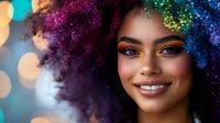 Young African American woman with vibrant rainbow-colored natural curly hair smiling warmly against blurred bokeh background, showcasing colorful makeup and joyful expression.