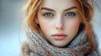 Young woman with striking blue eyes and ginger hair wearing cozy knitted gray scarf against soft blurred winter background, natural beauty portrait.