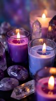Colorful scented candles burning with amethyst crystals and gemstones creating peaceful spa atmosphere for meditation, relaxation and spiritual wellness rituals.