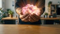 Woman cupping hands holding glowing pink heart with magical light rays in modern kitchen interior for wellness and self-care concepts.