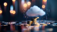 Cloud computing financial technology concept with stacked coins and glowing digital cloud, representing modern banking and digital money solutions.