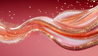 Flowing waves of coral and pink with golden glitter sparkles on burgundy background create elegant abstract design for luxury branding and festive cards.