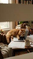Orange tabby cat sitting on laptop computer at cozy home office desk with coffee mug, papers and plants creating warm work from home atmosphere.