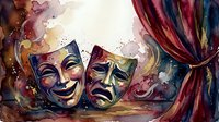 Comedy and tragedy theatrical masks with watercolor splashes and burgundy stage curtains, representing performing arts and drama.