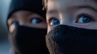 Close up portrait of young Asian people wearing protective black face masks, focusing on intense blue eyes and dramatic lighting for healthcare concept.
