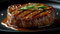 Juicy grilled beef tenderloin steak with brown sauce, fresh rosemary garnish and seasonings on black plate, close up view of medium rare meat preparation.