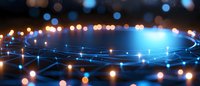 Glowing network connections with blue light trails and orange bokeh effects create futuristic technology background for digital transformation concepts.