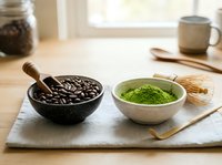Coffee beans in dark bowl and matcha green tea powder in ceramic bowl on wooden cutting board in bright kitchen setting for healthy beverage preparation.