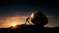 Silhouette of determined man pushing large boulder uphill against dramatic sunset sky and mountainous landscape, representing persistence and challenge.