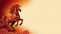 Majestic red horse with ornate golden patterns rearing on decorative background with traditional swirl motifs for lunar new year celebrations and festive designs.