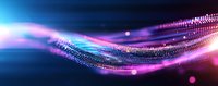 Glowing digital wave with particles flowing in blue and pink neon colors against dark background, creating dynamic motion effect for technology designs.