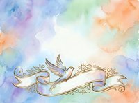Ornate ribbon banner with flying dove and decorative flourishes on soft watercolor background in pastel colors. Suitable for greeting cards, invitations, and design projects.