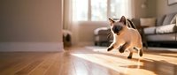 Young tabby and white kitten walking across wooden floor in sunlit living room with furniture and window in background.
