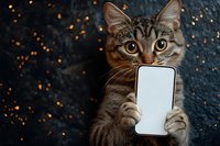 Tabby cat holding smartphone with blank screen against dark background with bokeh lights, concept for pet technology or social media.