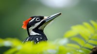 Male Pileated Woodpecker close-up portrait showing distinctive red crest and black and white feathers against soft green natural background with fern leaves.