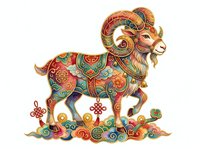 Ornate ram with curved horns decorated in red, gold, and turquoise patterns, standing on colorful decorative base with circular motifs, isolated on white background for design use.