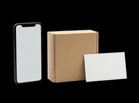 Smartphone with blank screen, cardboard box, and white card isolated on transparent background. Ready for mockup, packaging, e-commerce, sticker, and print on demand design use.