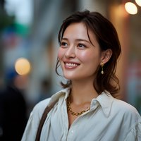 Young Asian businesswoman smiling confidently in urban evening setting with bokeh lights. Professional portrait for corporate and lifestyle marketing.