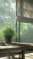 Green potted plant on rustic wooden windowsill with soft natural sunlight streaming through window, creating peaceful morning atmosphere. Cozy home garden setting.