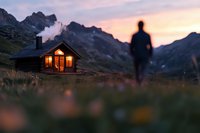 Silhouette of person observing illuminated mountain cabin at sunset, dramatic alpine landscape with glowing windows and peaceful atmosphere in wilderness setting.