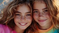 Young women with freckles and radiant smiles share joyful moment, displaying genuine happiness and friendship. Natural sunlight illuminates their glowing faces and wavy hair.