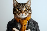 Sophisticated tabby cat wearing tweed jacket and knitted scarf reading book against light background, anthropomorphic pet portrait for creative design and advertising.