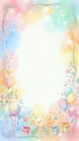 Pastel watercolor birthday frame with balloons, gift boxes, stars, and confetti, featuring a white center space for text or design.