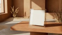 Elegant gold square frame mockup on terracotta table in warm boho interior with dry grass and sunlight shadows for art display.