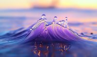 Mesmerizing water crown splash captured at sunset with purple and orange hues reflecting in droplets, creating magical liquid art formation against blurred ocean background.