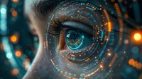 Futuristic close-up of human eye with digital circular interface overlay, glowing cyan and orange lights creating technological visualization effect for AI concept.