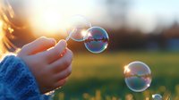 Delicate soap bubbles floating in sunset light with child's hands in blue sweater reaching to catch them, creating magical atmosphere in nature background.