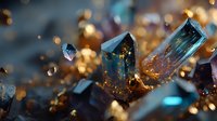 Vibrant blue and amber crystal formations with glowing bokeh effect, showcasing natural mineral structures in macro photography for luxury jewelry design.