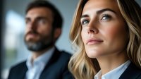 Young professional woman and bearded businessman looking ahead with confident expressions in modern office setting, representing leadership and success.