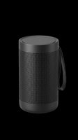 Portable black wireless bluetooth speaker with handle strap, isolated on transparent background, ready for product design, ads, clipart, and print on demand use.
