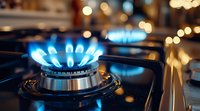 Gas stove burner with blue flame on dark background with bokeh lights, close up view showing energy consumption and cooking equipment.