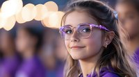 Young female student wearing purple glasses smiles confidently against blurred bokeh background. Natural lighting highlights her optimistic expression and trendy eyewear style.